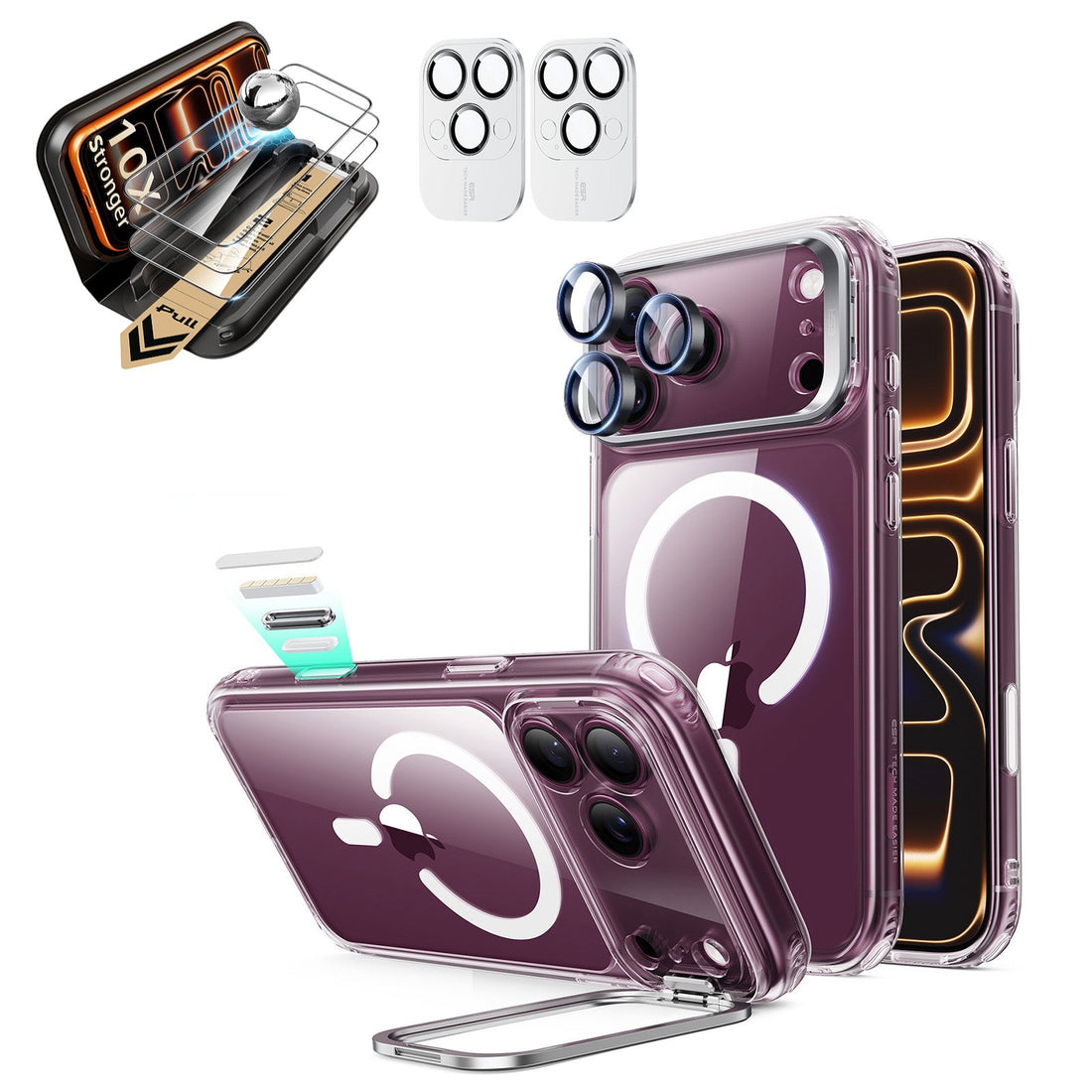 Clear iPhone 18 Pro Max Magsafe Slim Phone Case with Stand pair corning glass screen protector and camera lens protector