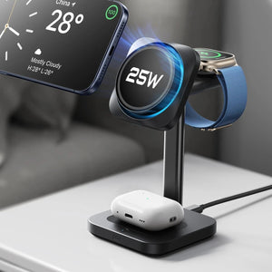CryoBoost 3-in-1 Magnetic Charging Station (25W, Qi2.2) - EU Plug–Black