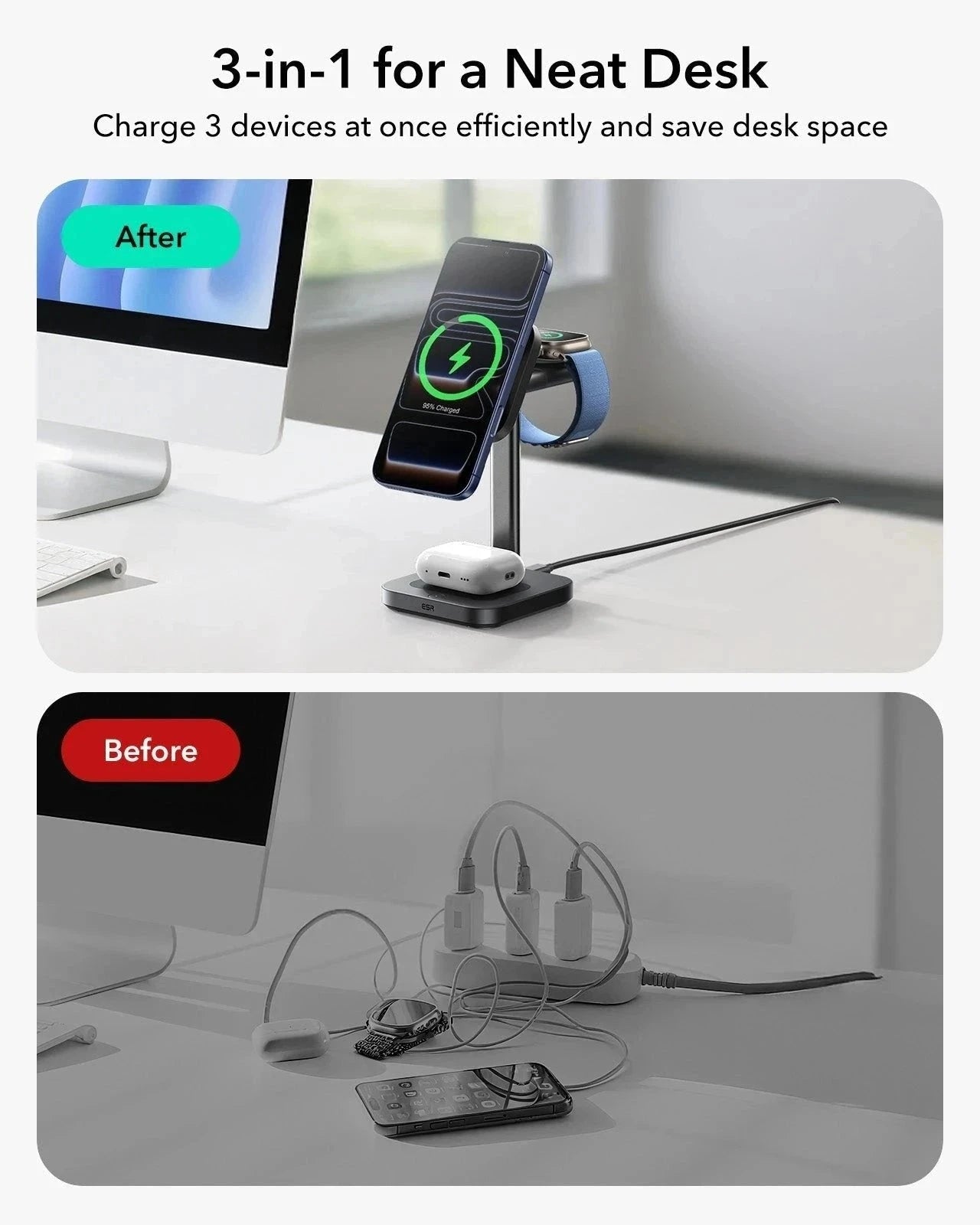 CryoBoost 3-in-1 Magnetic Charging Station (25W, Qi2.2)  - US Plug–Black ESR ESR