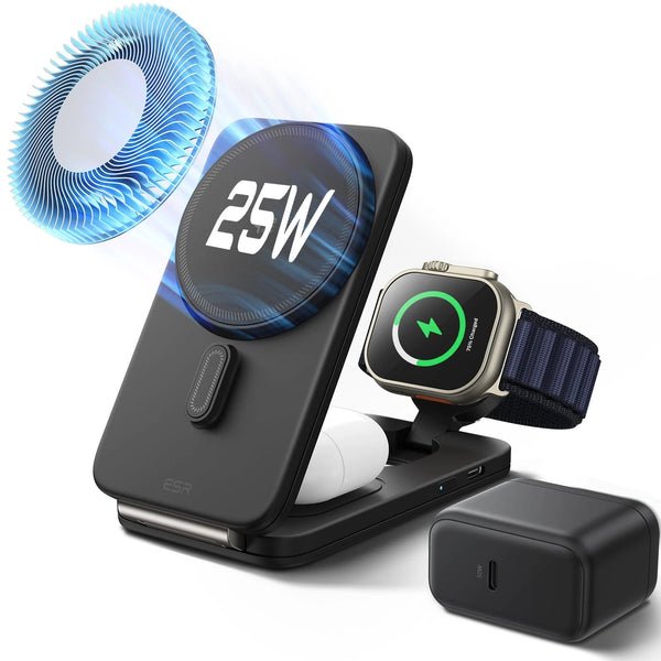ESR Faltbare magnetische 3-in-1-Ladestation CryoBoost (25 W) – US-Stecker, Schwarz