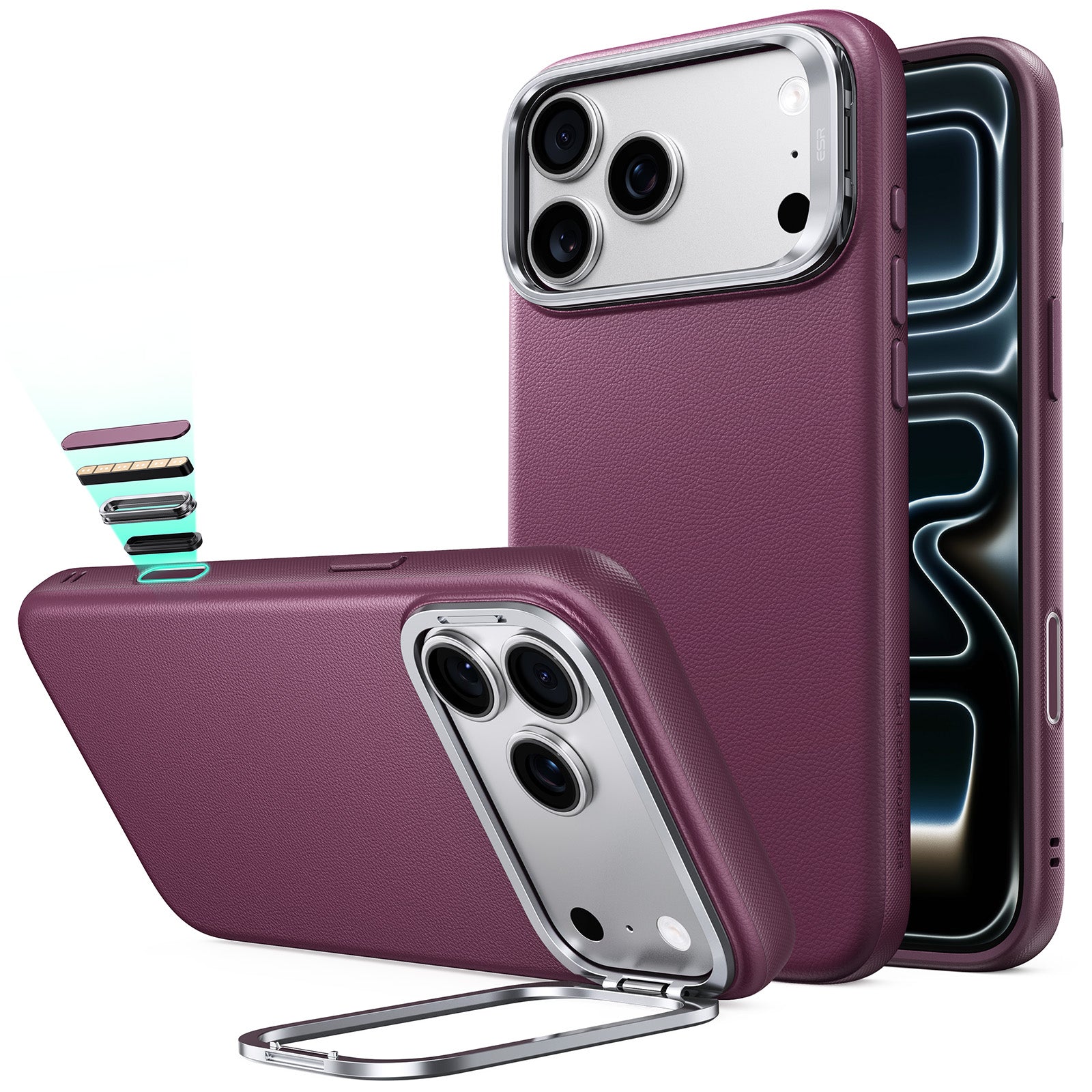 ESR Deep Burgundy Leather iPhone 18 Pro Max Magsafe Case with Stand