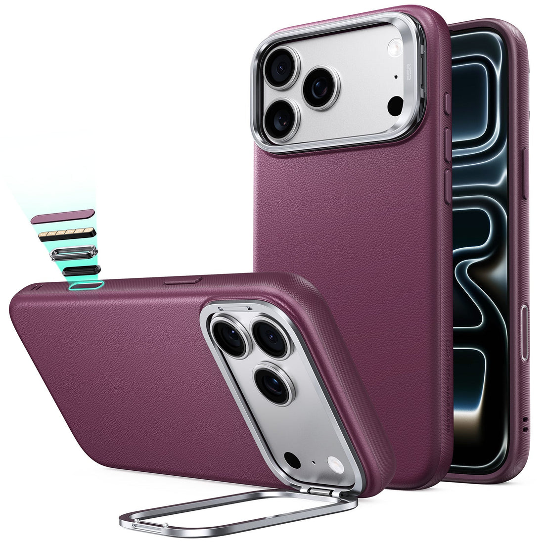 ESR Deep Burgundy Leather iPhone 18 Pro Magsafe Case with Stand