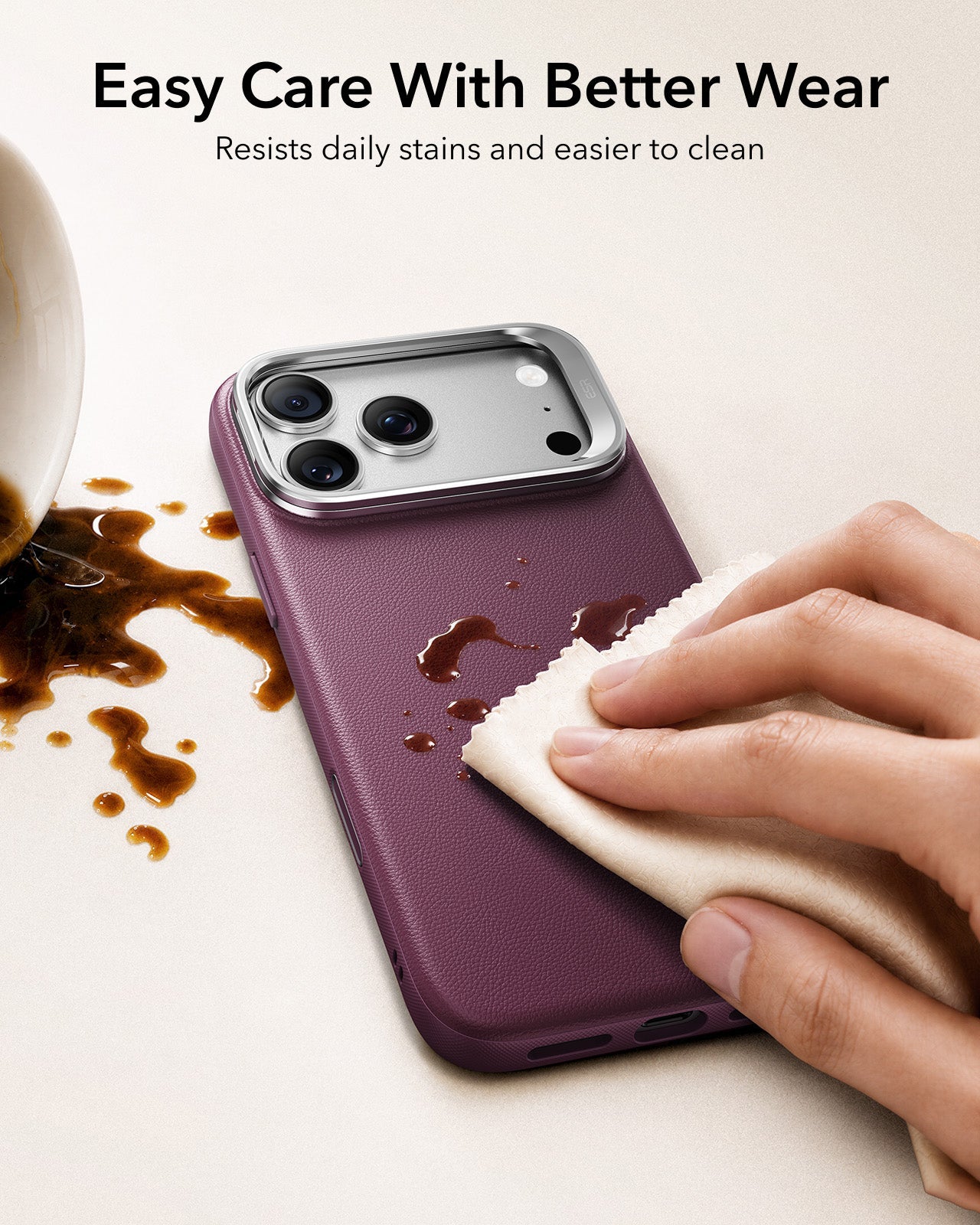 ESR Deep Burgundy Leather iPhone 18 Pro Magsafe Case with Stand Easy Care With Better Wear