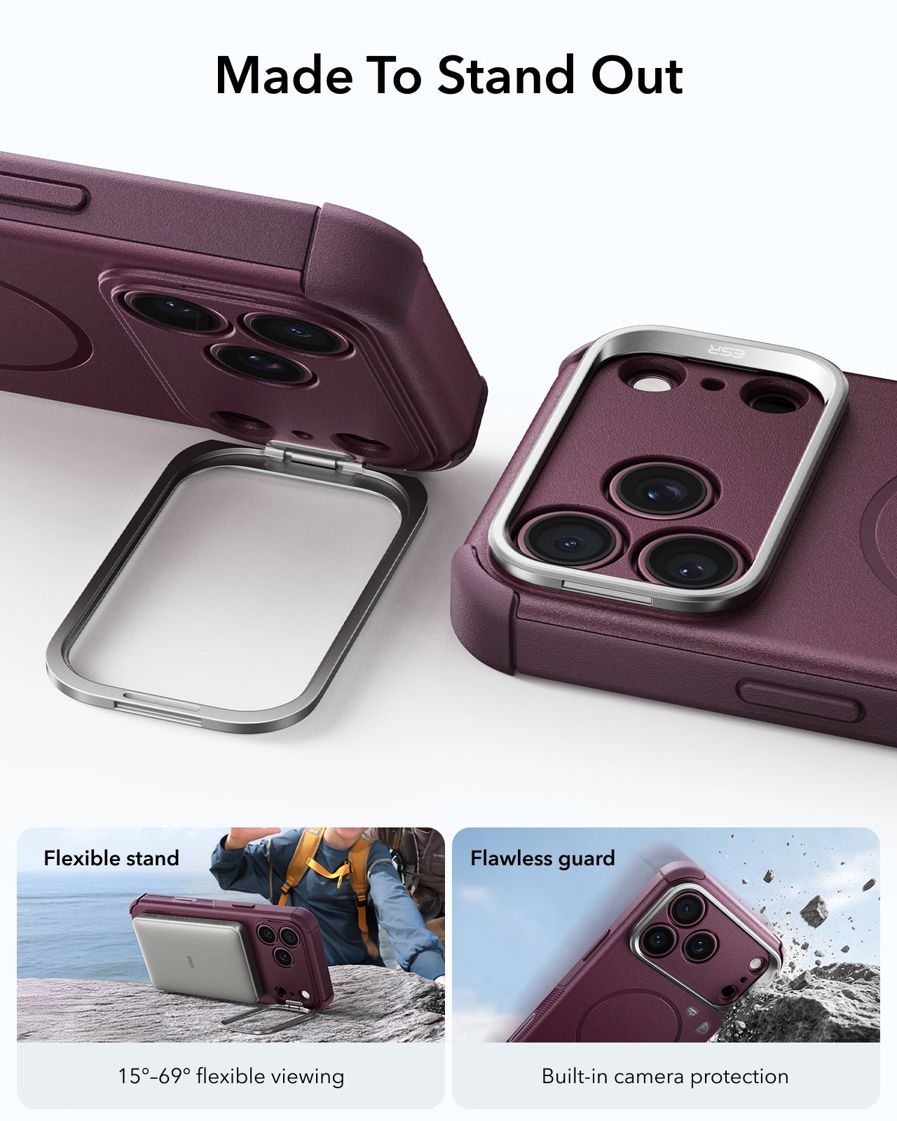 ESR Deep Burgundy iPhone 18 Pro Tough Phone Case Magsafe with Stand Made To Stand Out