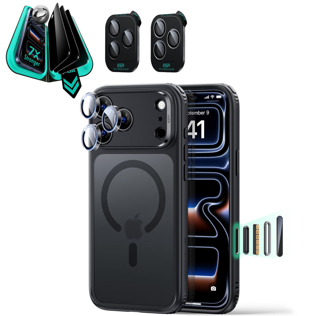 ESR Frosted black iPhone 18 Pro Magsafe Slim Phone Case with armorite tempered glass privacy screen protector and camera lens protector