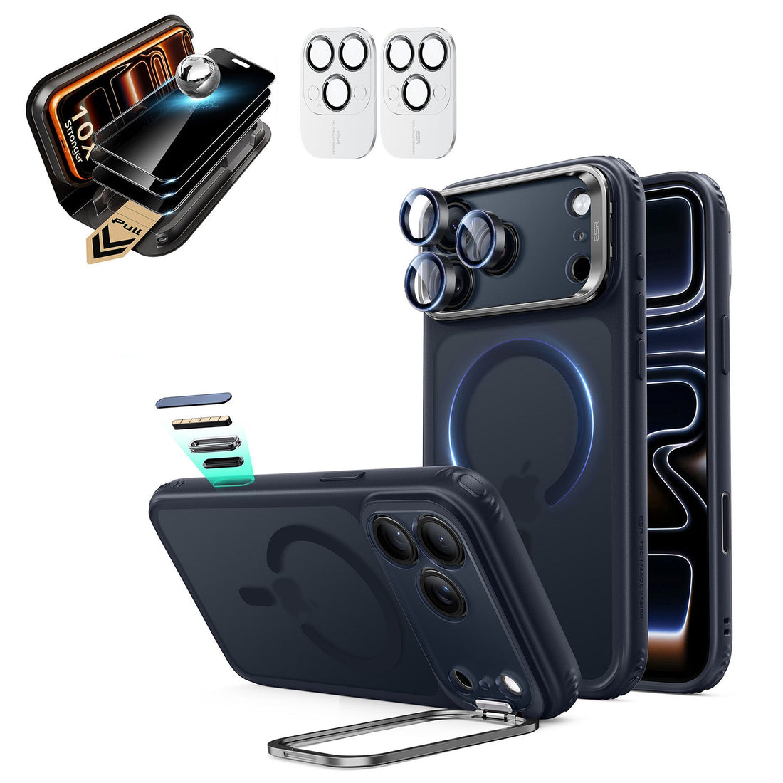 Frosted Blue iPhone 18 Pro Magsafe Slim Phone Case with Stand pair corning privacy glass privacy screen protector and camera lens protector