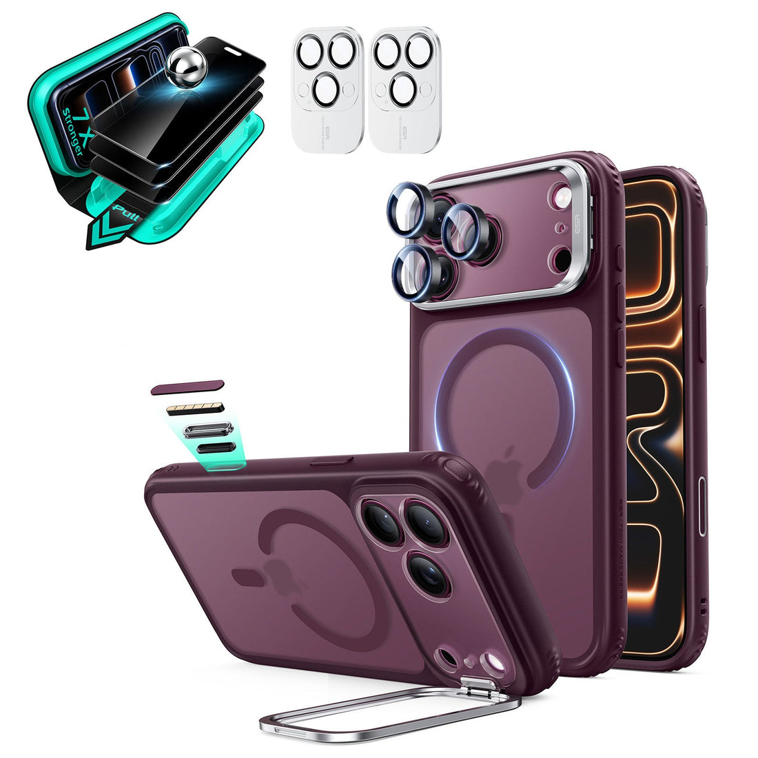 Frosted Burgundy iPhone 18 Pro Max Magsafe Slim Phone Case with Stand pair tempered glass privacy screen protector and camera lens protector