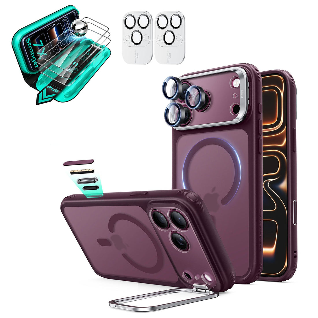 Frosted Burgundy iPhone 18 Pro Max Magsafe Slim Phone Case with Stand pair tempered glass screen protector and camera lens protector