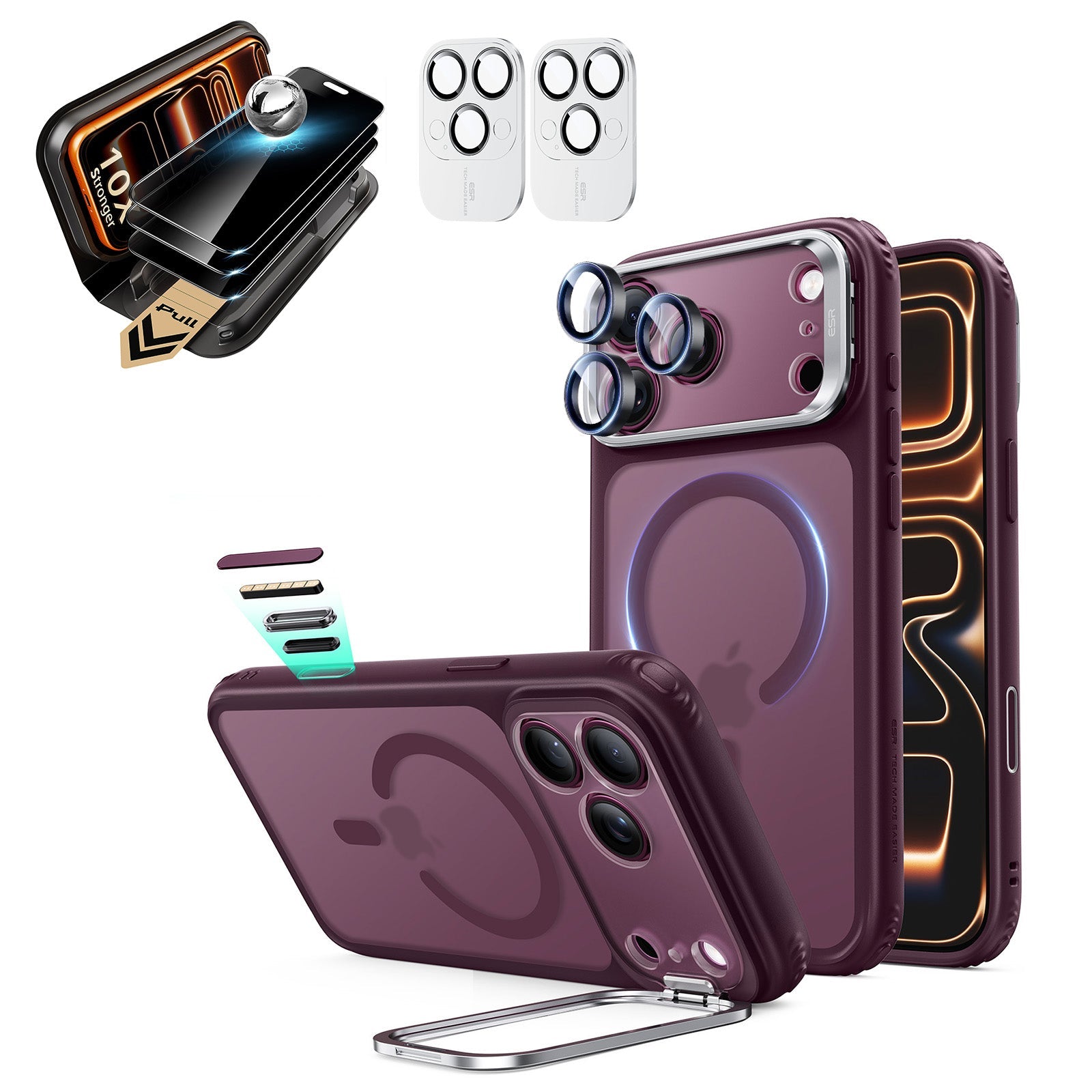 Frosted Burgundy iPhone 18 Pro Max Magsafe Slim Phone Case with Stand pair corning privacy glass privacy screen protector and camera lens protector