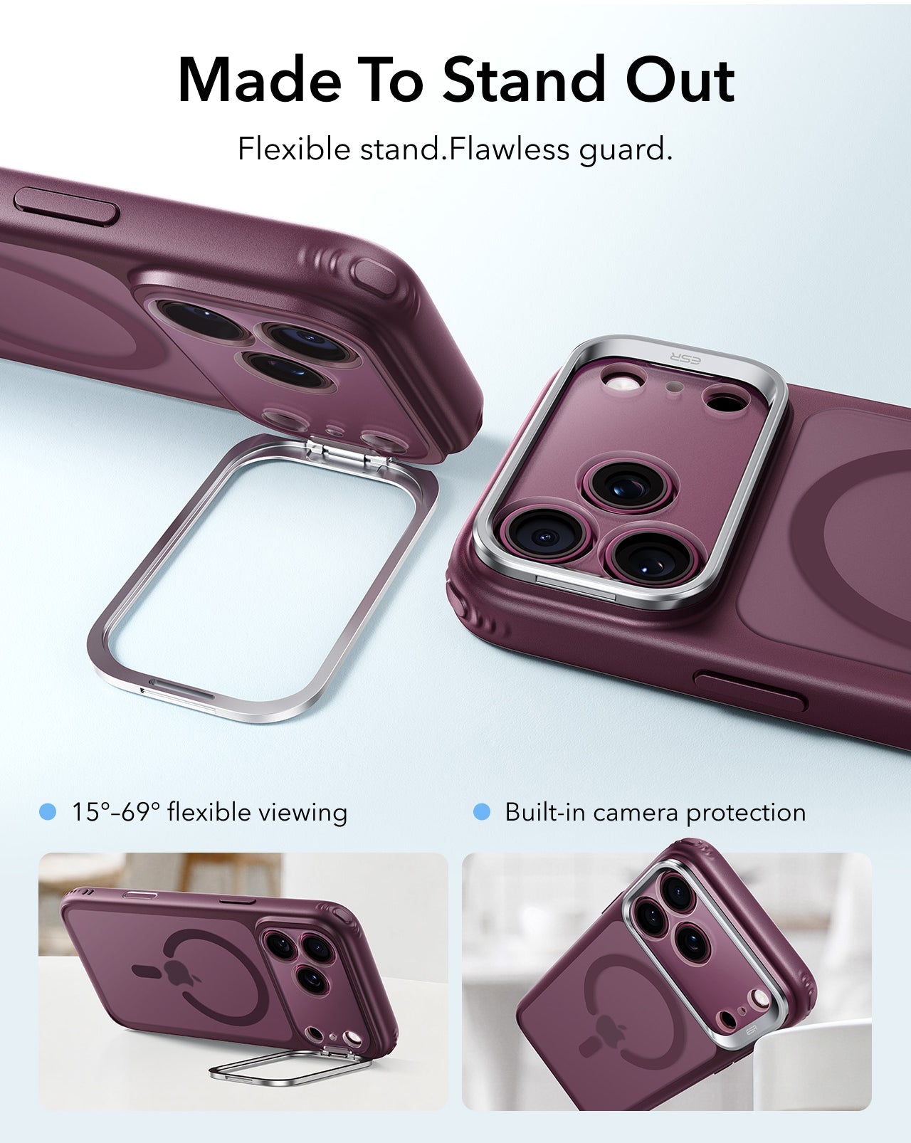 ESR Frosted Deep Burgundy Blue iPhone 18 Pro Magsafe Slim Phone Case with Stand Made To Stand Out