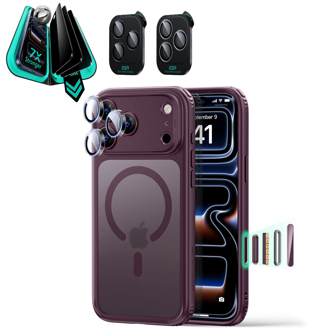 ESR Frosted Burgundy iPhone 18 Pro Magsafe Slim Phone Case with armorite tempered glass privacy screen protector and camera lens protector