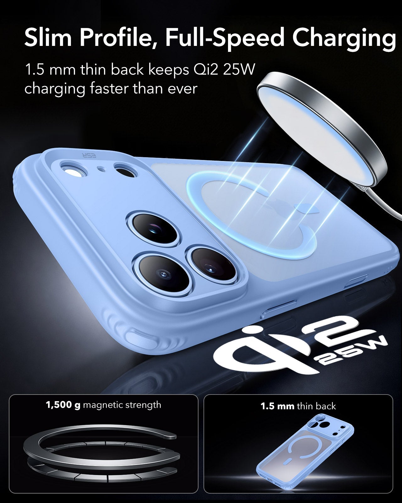 ESR Frosted Misty Blue iPhone 18 Pro Magsafe Slim Phone Case Slim Profile, Full-Speed Charging