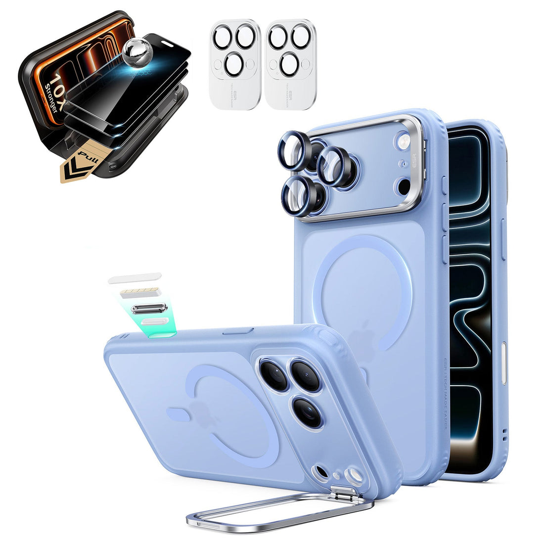 Frosted Misty Blue iPhone 18 Pro Magsafe Slim Phone Case with Stand pair corning privacy glass privacy screen protector and camera lens protector