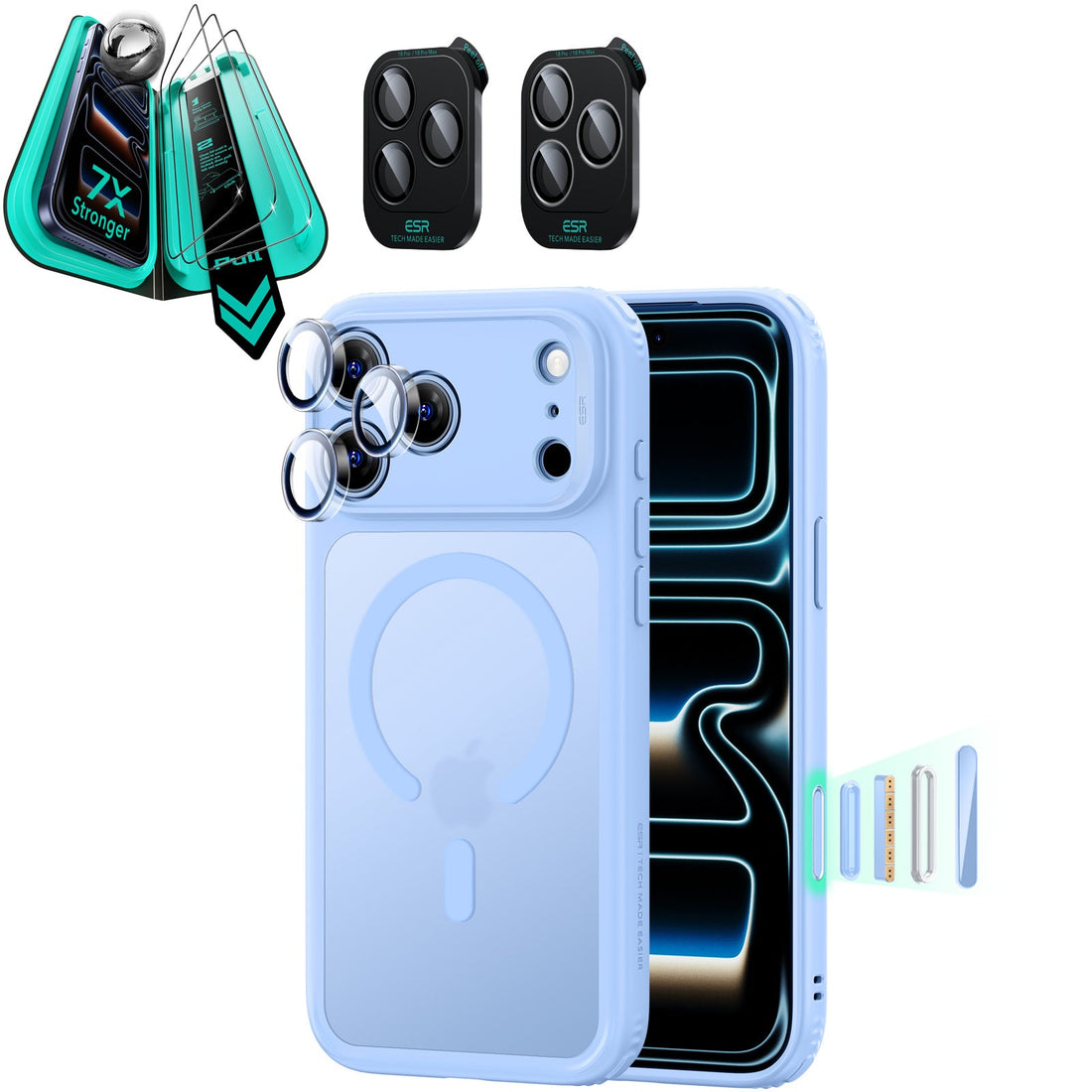 Frosted Misty  Blue iPhone 18 Pro Magsafe Slim Phone Case with armorite tempered glass screen protector and camera lens protector