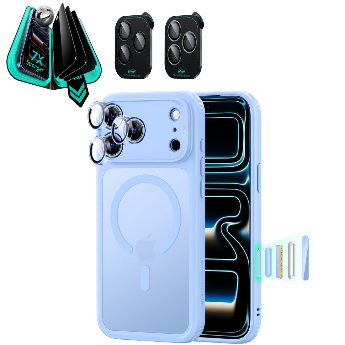 Frosted Misty Blue iPhone 18 Pro Max Magsafe Slim Phone Case with armorite tempered glass privacy screen protector and camera lens protector