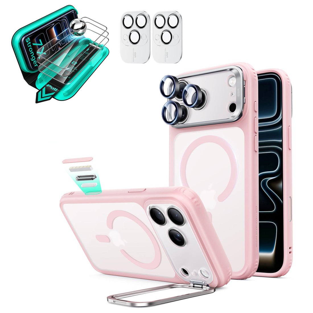 Frosted Pink Phone 18 Pro Max Magsafe Slim Phone Case with Stand pair tempered glass screen protector and camera lens protector