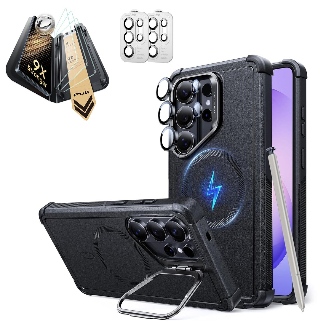 Galaxy S26 Ultra Cyber Tough Magsafe Case with Stand and Corning Glass Screen Protector Bundle Black