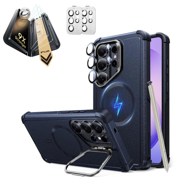 Galaxy S26 Ultra Cyber Tough Magsafe Case with Stand and Corning Glass Screen Protector Set Blue