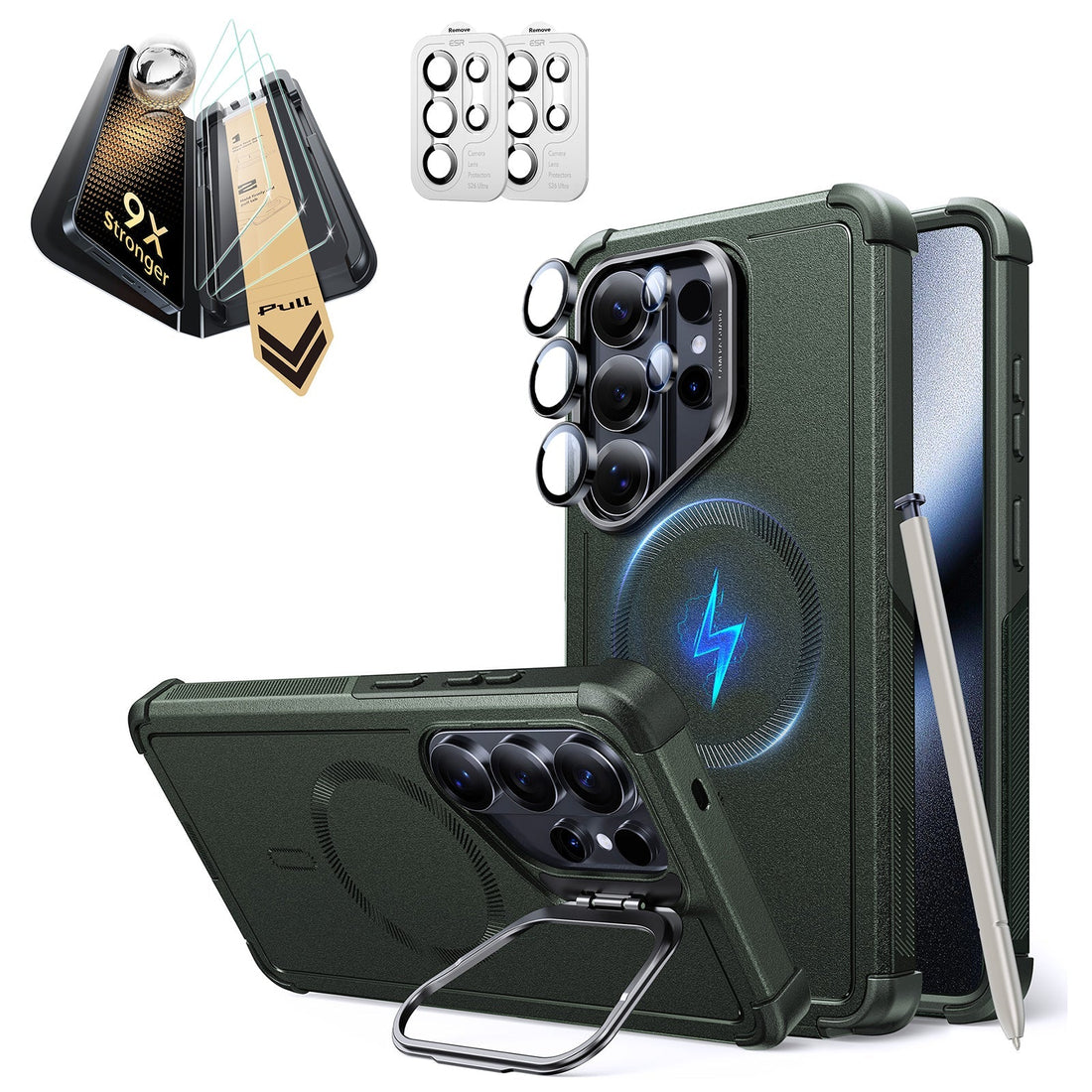 Galaxy S26 Ultra Cyber Tough Magsafe Case with Stand and Corning Glass Screen Protector Set Green