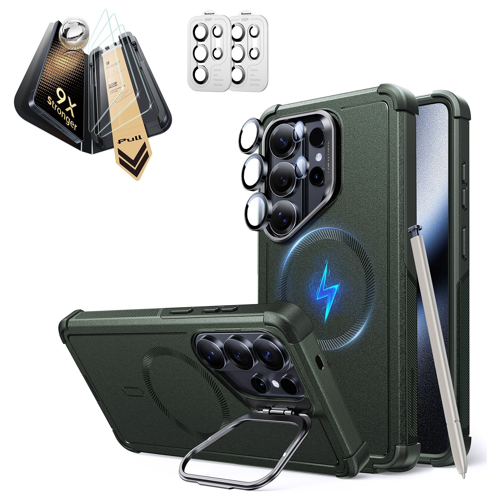 Galaxy S26 Ultra Cyber Tough Magsafe Case with Stand and Corning Glass Screen Protector Set Green