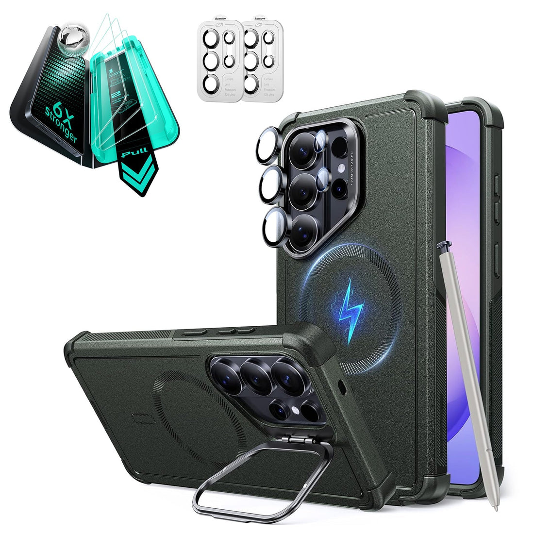 Galaxy S26 Ultra Cyber Tough Magsafe Case with Stand and Armorite Screen Protector Set Green