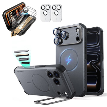 Gray iPhone 18 Pro Cyebr Tough Magsafe Phone Case with Stand pair corning glass  screen protector and camera lens protector