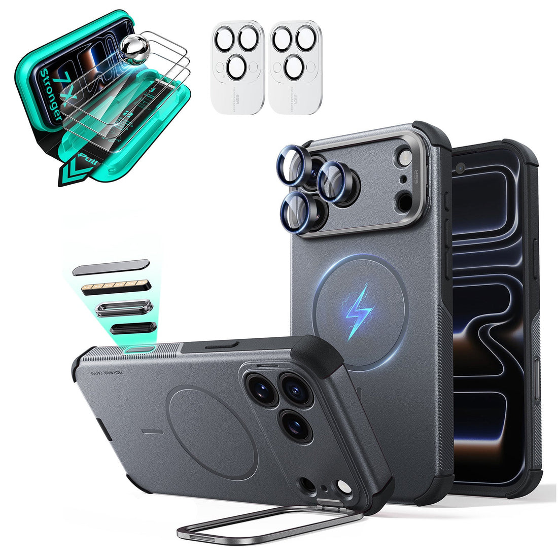 Gray iPhone 18 Pro Cyebr Tough Magsafe Phone Case with Stand pair tempered glass screen protector and camera lens protector