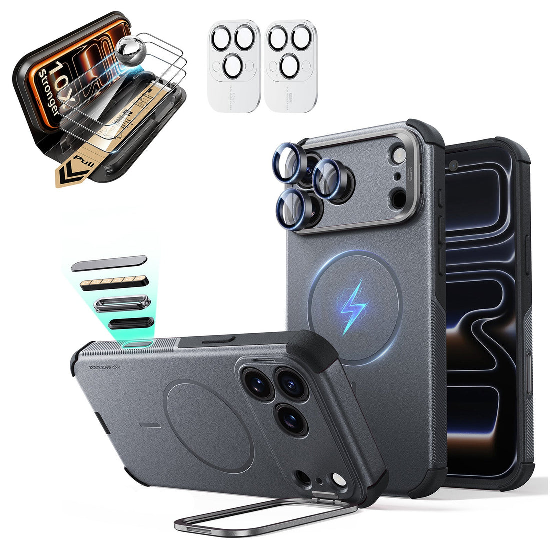 Gray iPhone 18 Pro Max Cyebr Tough Magsafe Phone Case with Stand pair corning glass  screen protector and camera lens protector