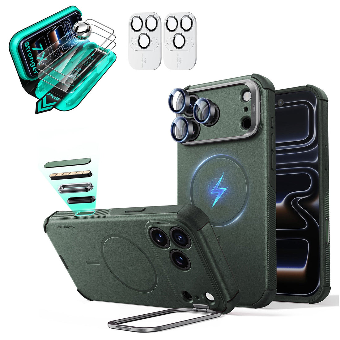 Green iPhone 18 Pro Cyebr Tough Magsafe Phone Case with Stand pair tempered glass screen protector and camera lens protector