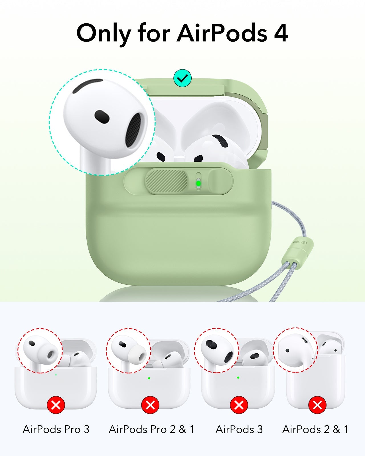 AirPods 4 charging case protected by ESR FlickLock case in light green