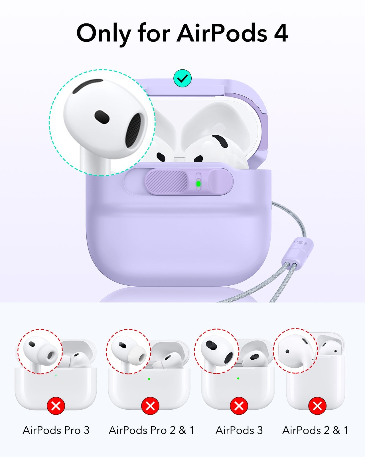 ESR AirPods 4 case with FlickLock magnetic lid in light purple