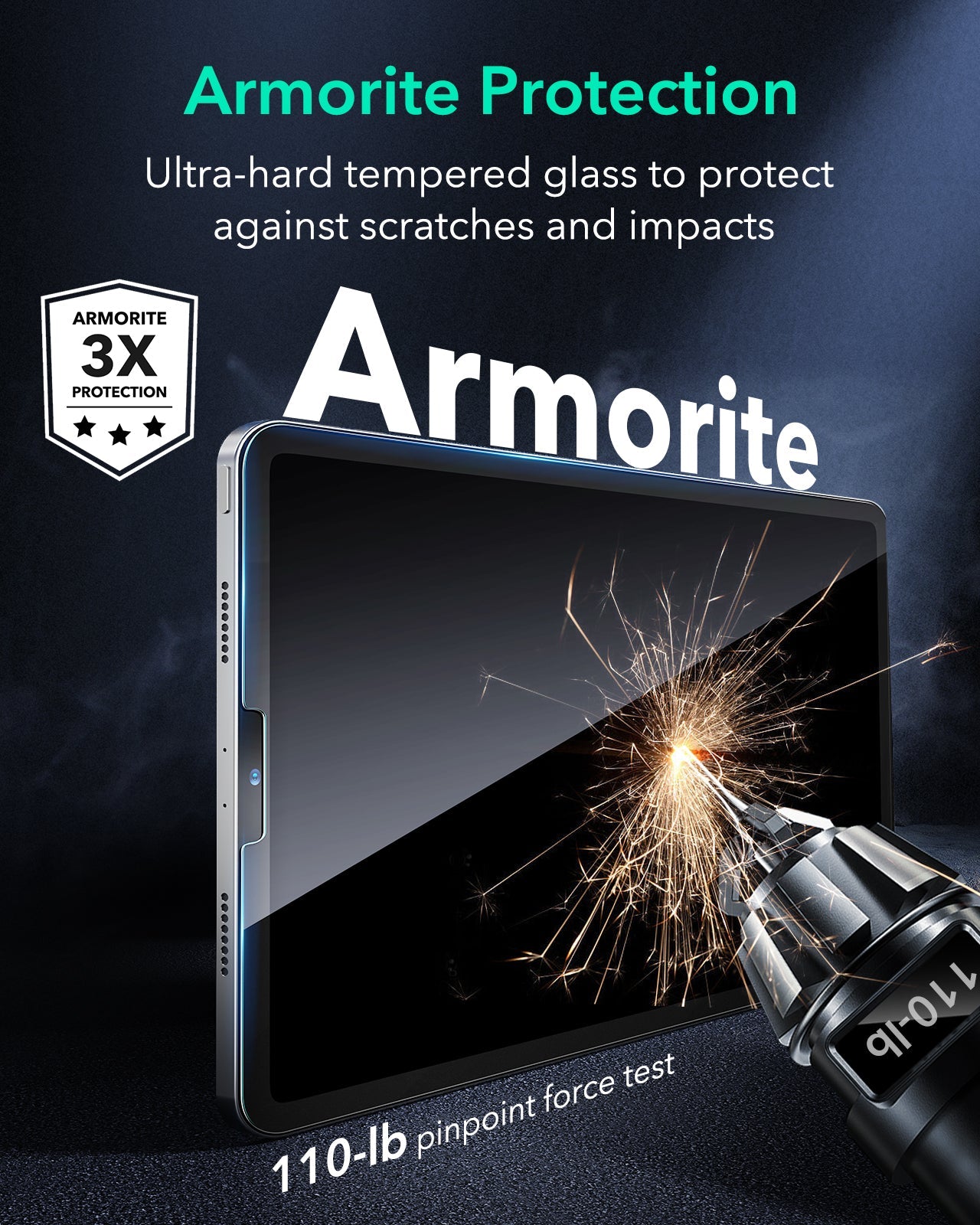 ESR iPad screen protector protecting against impacts up to 110 lb