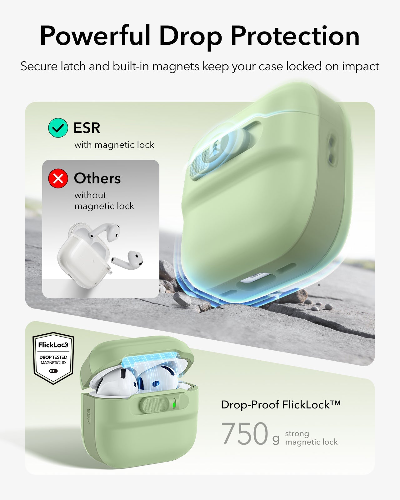Light green AirPods 4 case with secure FlickLock latch