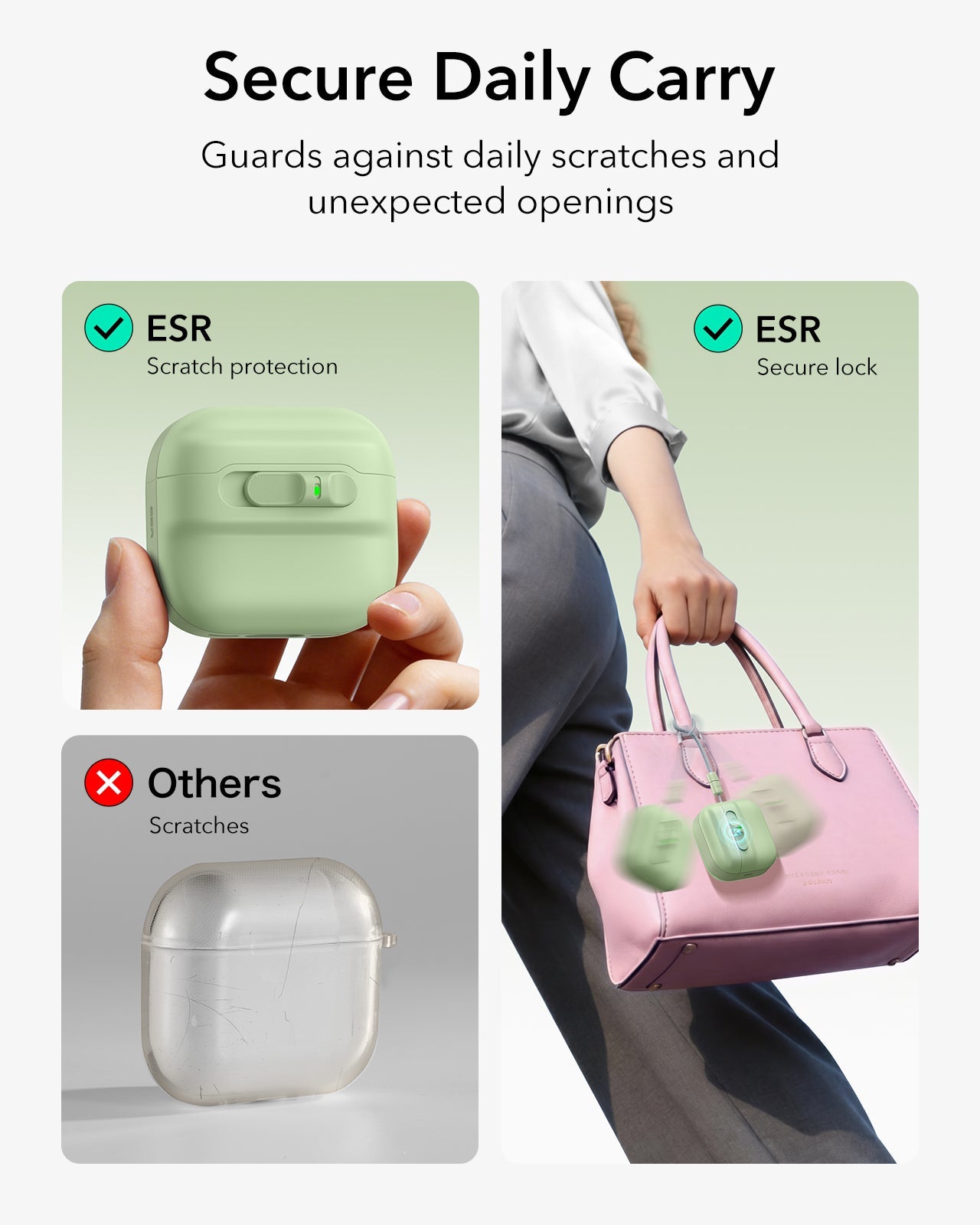 Light green AirPods 4 case securely locking AirPods with magnetic FlickLock