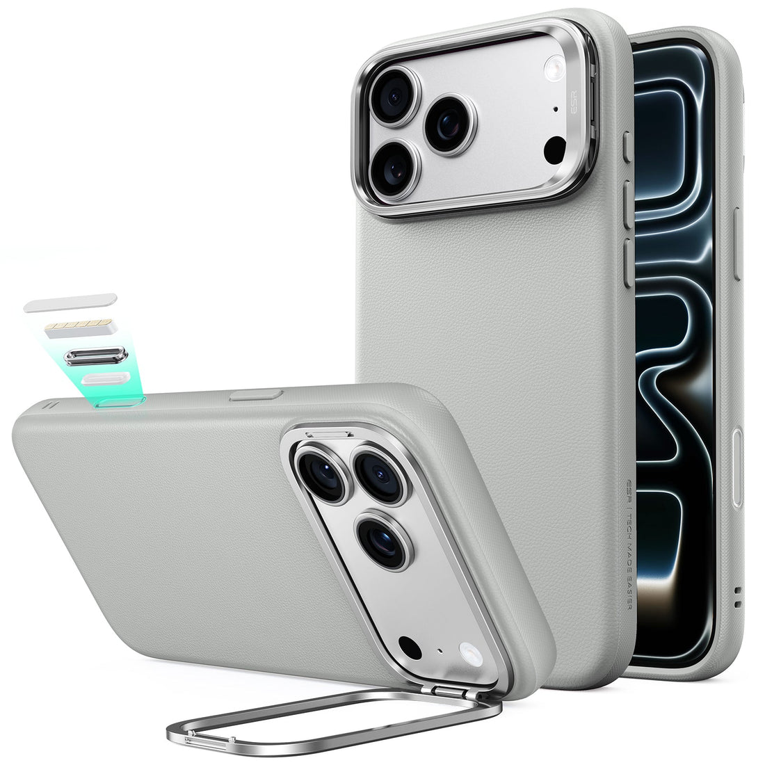 Light Gray Leather iPhone 18 Pro Magsafe Case with Stand