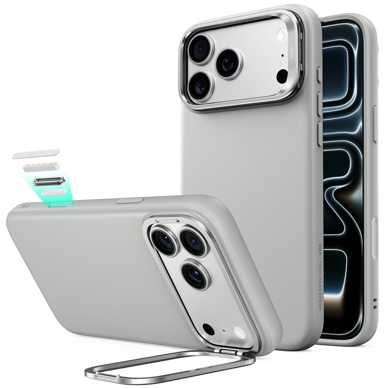 ESR Light Gray Leather iPhone 18 Pro Max Magsafe Case with Stand