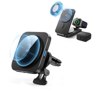 Magnetic Wireless Car Charger and 25W CryoBoost Foldable 3-in-1 Charger Bundle - US Plug–Black