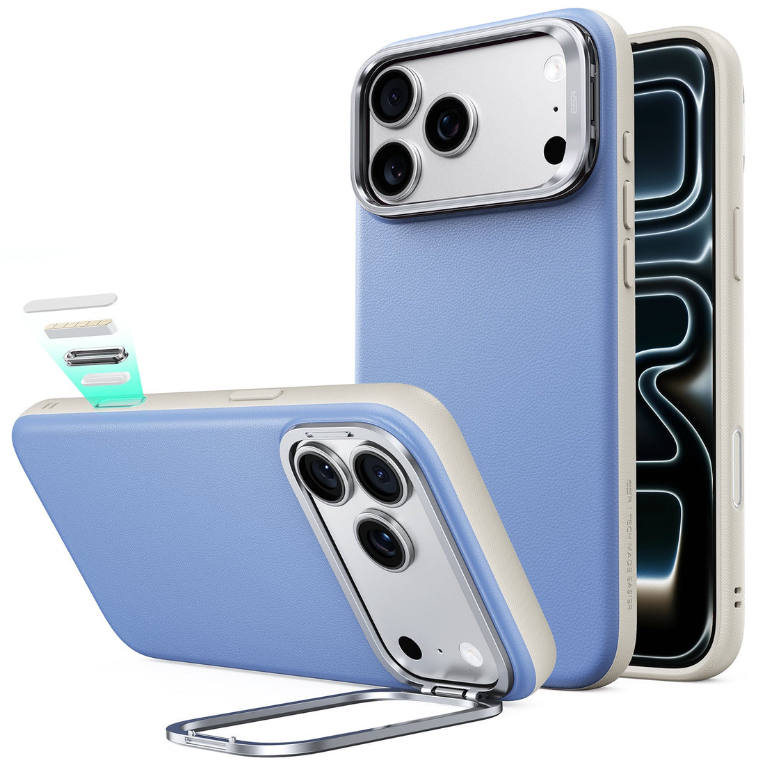 Misty Blue Leather iPhone 18 Pro Magsafe Case with Stand