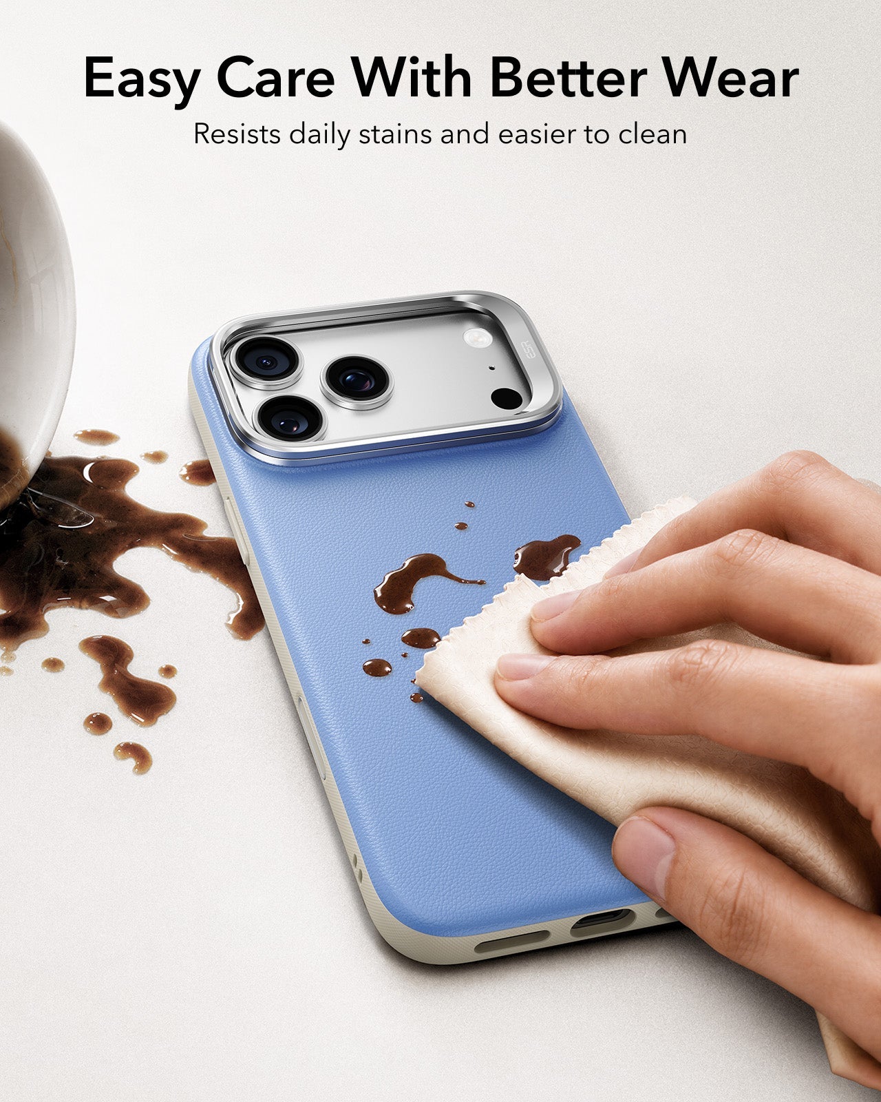 ESR Misty Blue Leather iPhone 18 Pro Max Magsafe Case with Stand Easy Care With Better Wear