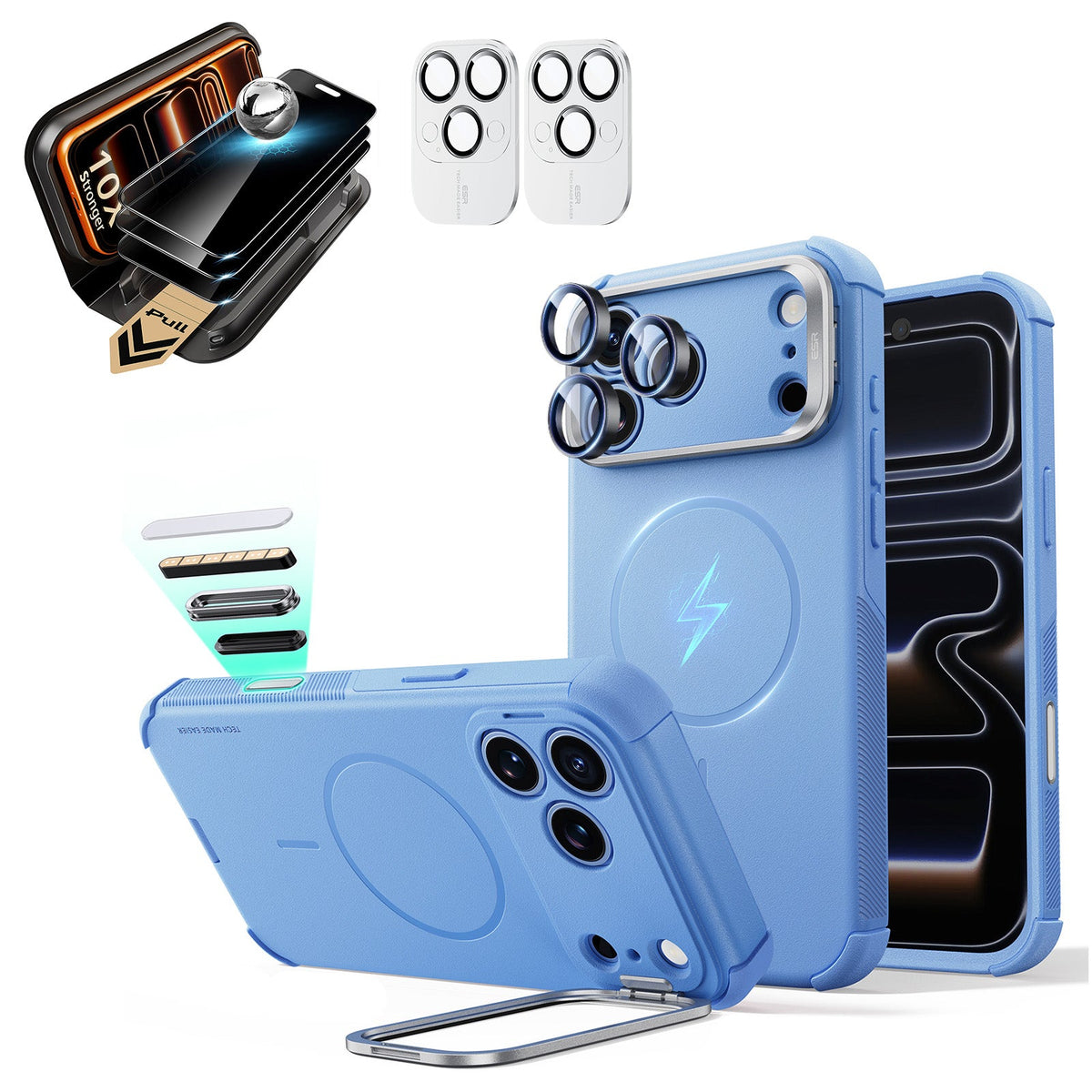 Misty Blue iPhone 18 Pro Cyebr Tough Magsafe Phone Case with Stand pair corning glass privacy screen protector and camera lens protector