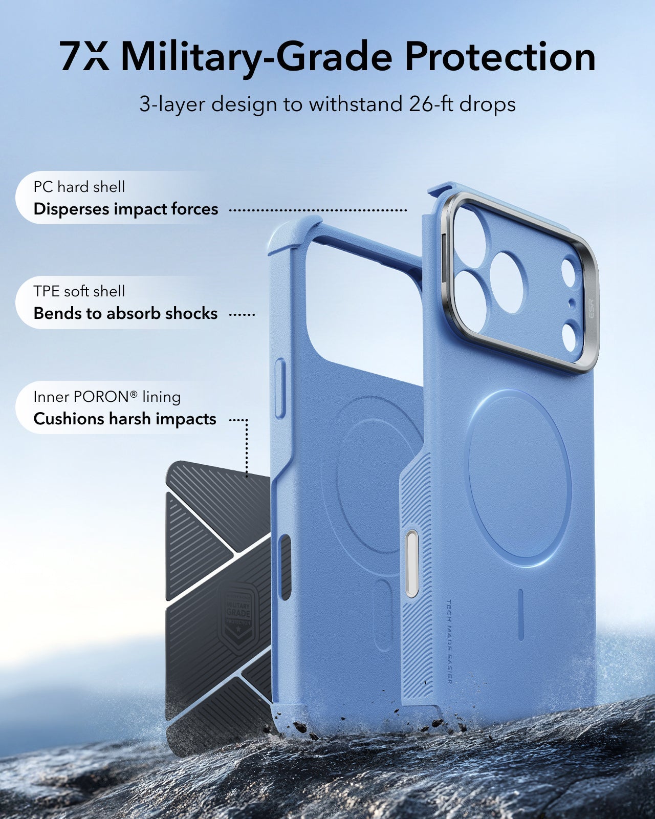 ESR Misty Blue iPhone 18 Pro Max Tough Phone Case Magsafe with Stand 7X Military-Grade Protection