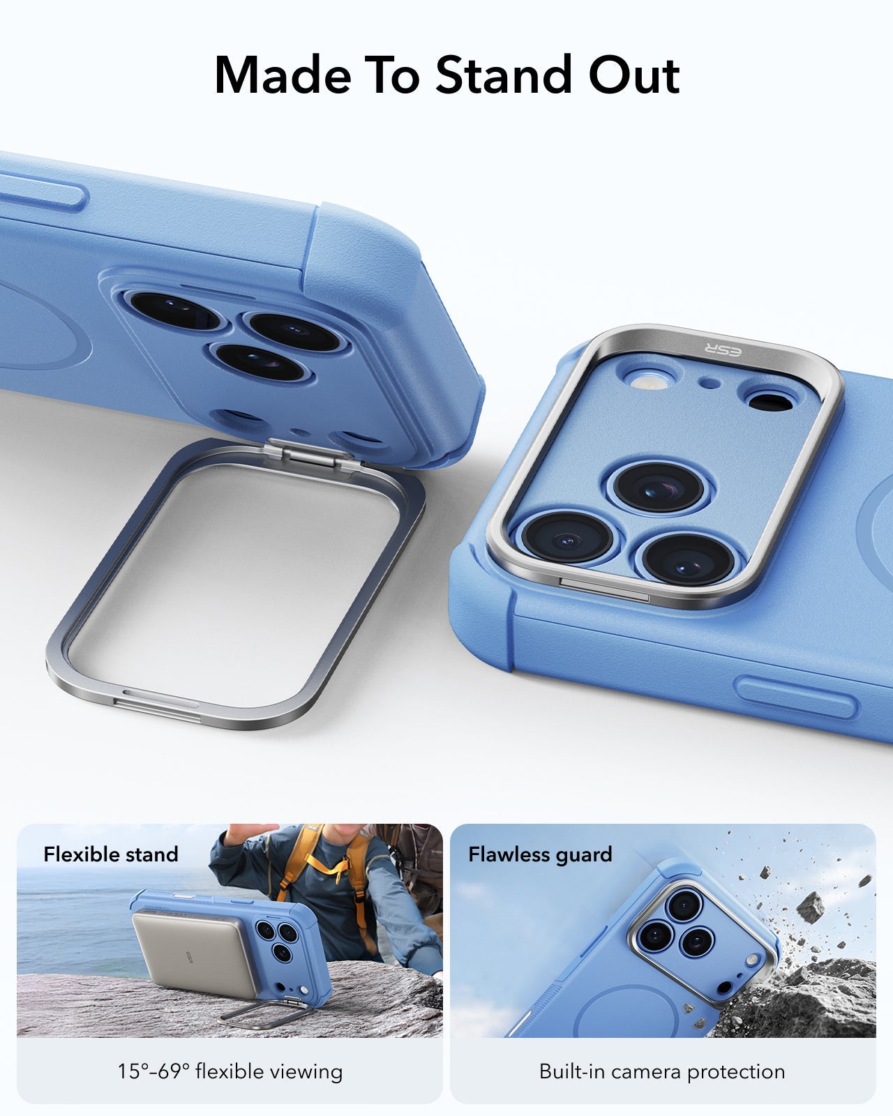 ESR Misty Blue iPhone 18 Pro Tough Phone Case Magsafe with Stand Made To Stand Out