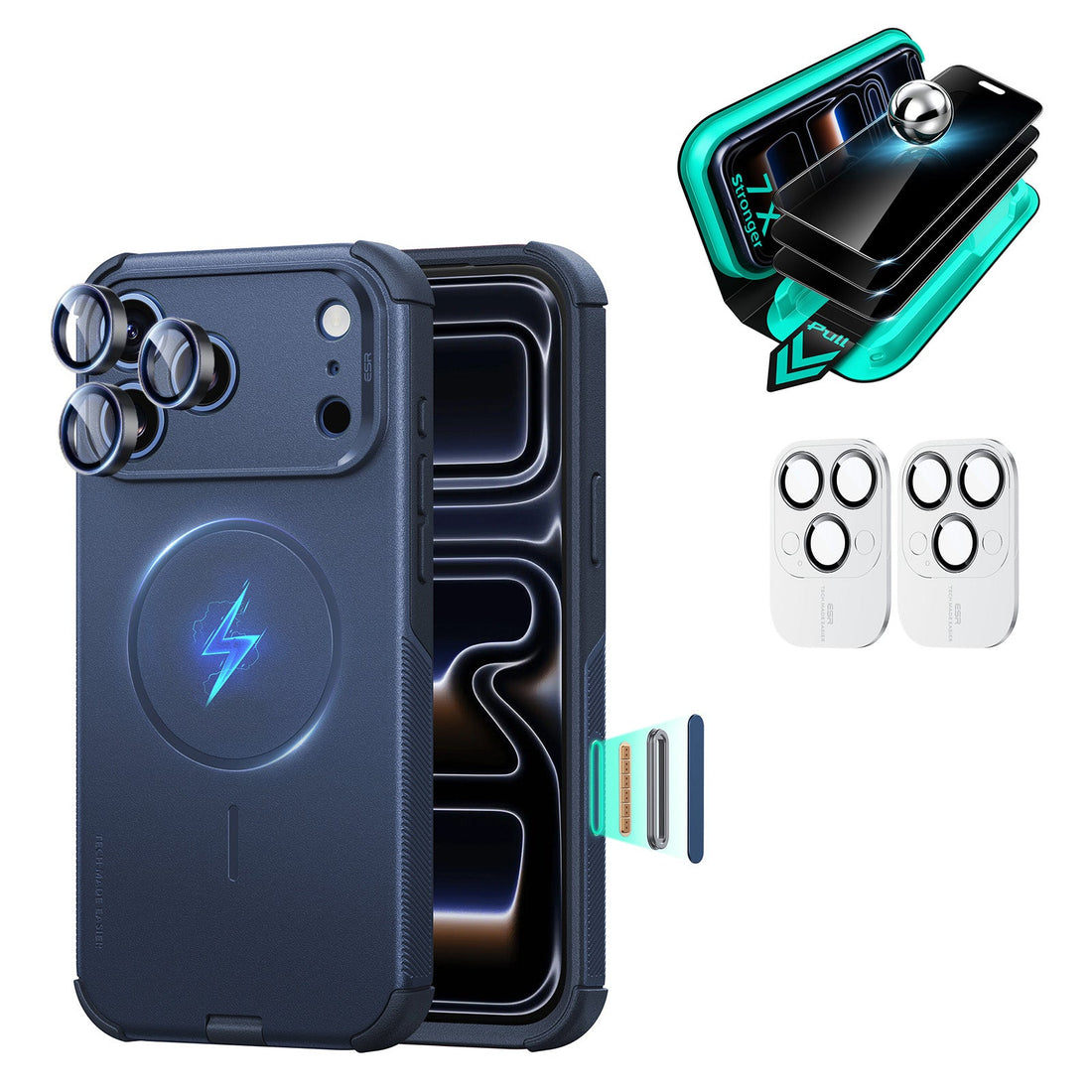 Navy Blue iPhone 18 Pro Max Cyber Tough Magsafe Case  with armorite tempered glass privacy screen protector and camera lens protector