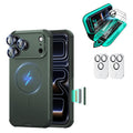 Olive Green iPhone 18 Pro Cyber Tough Magsafe Case  with armorite tempered glass screen protector and camera lens protector
