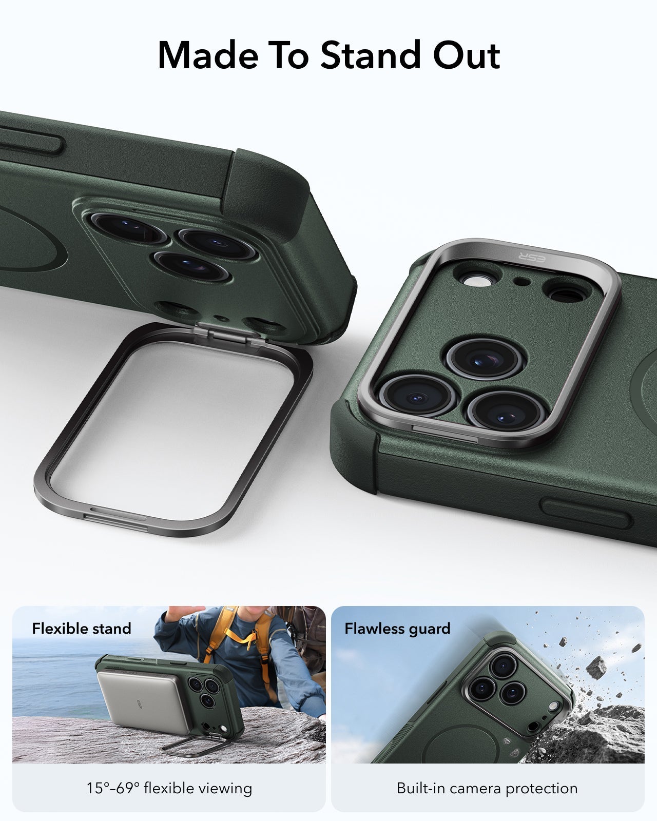 ESR Olive Green iPhone 18 Pro Tough Phone Case Magsafe with Stand Made To Stand Out