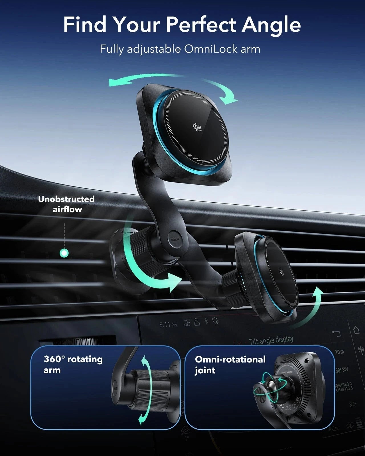 OmniLock Magnetic Car Charger (25W, CryoBoost, Air Vent) - Black ESR ESR