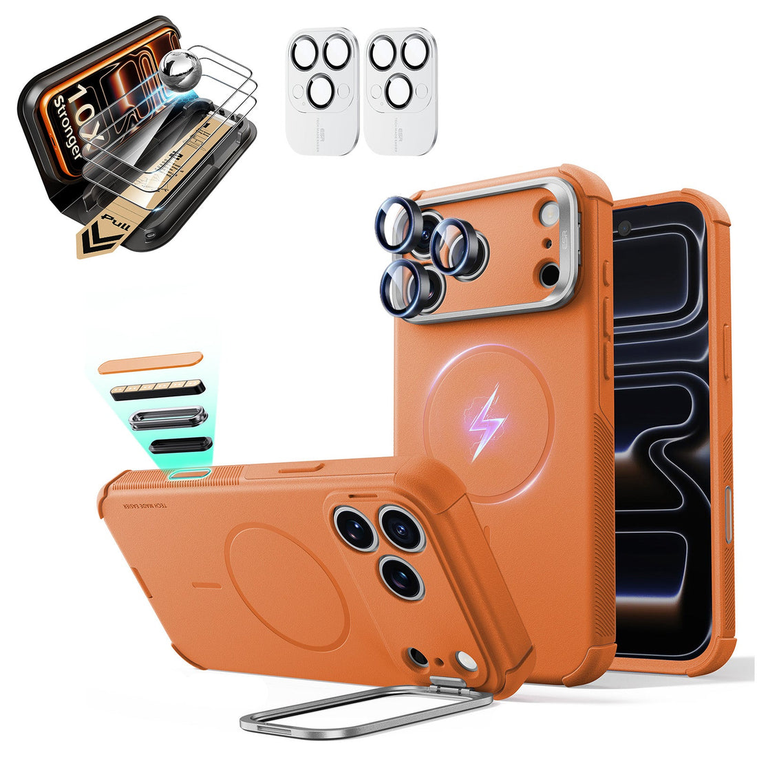Orange iPhone 18 Pro Max Cyebr Tough Magsafe Phone Case with Stand pair corning glass  screen protector and camera lens protector