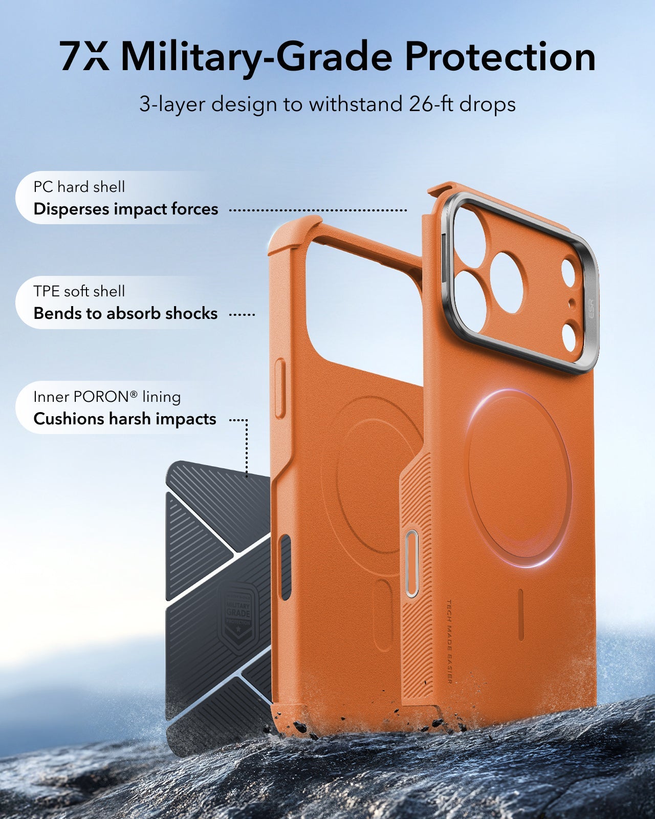 ESR Orange iPhone 18 Pro Tough Phone Case Magsafe with Stand 7X Military-Grade Protection
