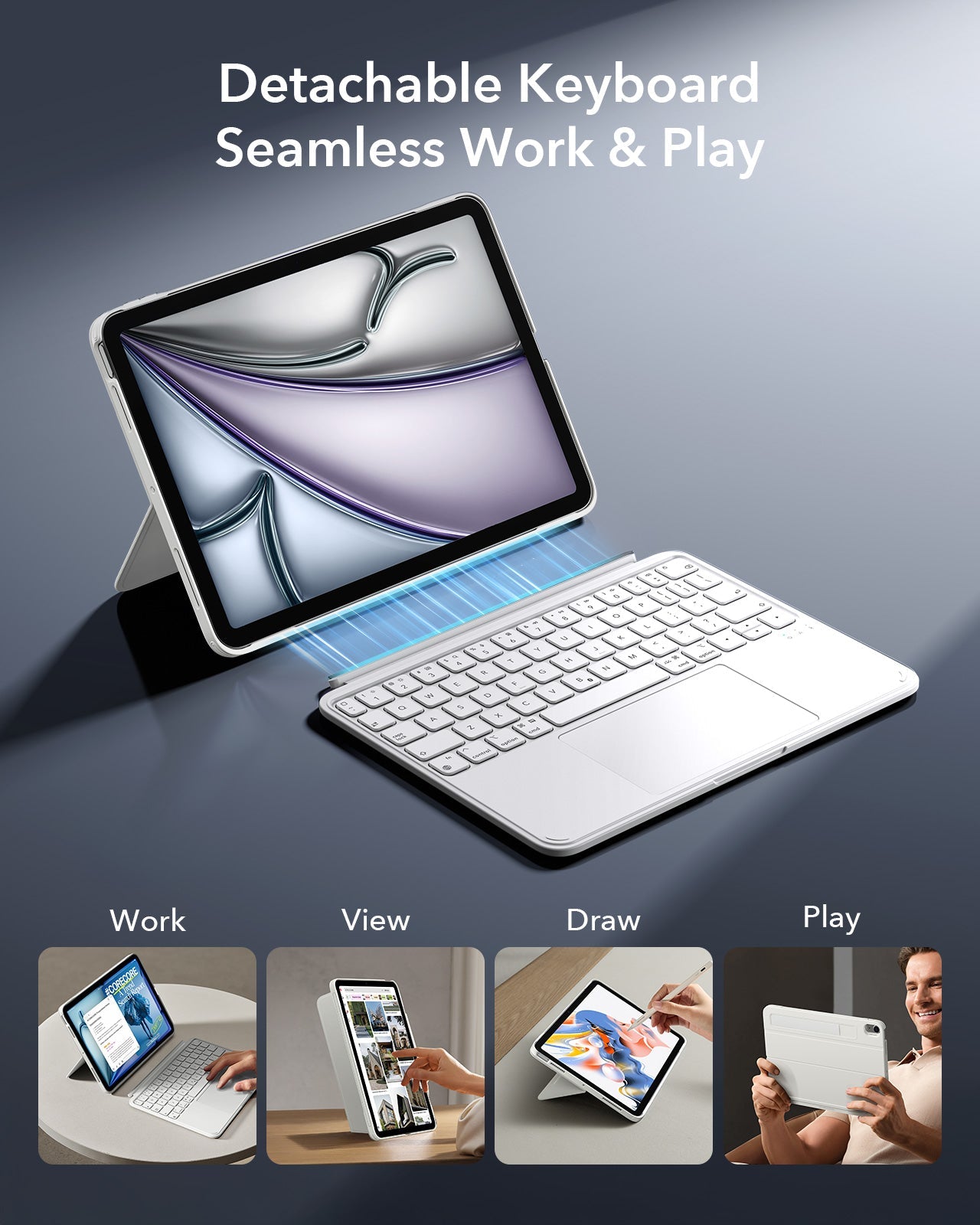 White Shift Keyboard Case with Precision Trackpad for iPad Pro 11 inch-detachable keyboard seamless work&Play