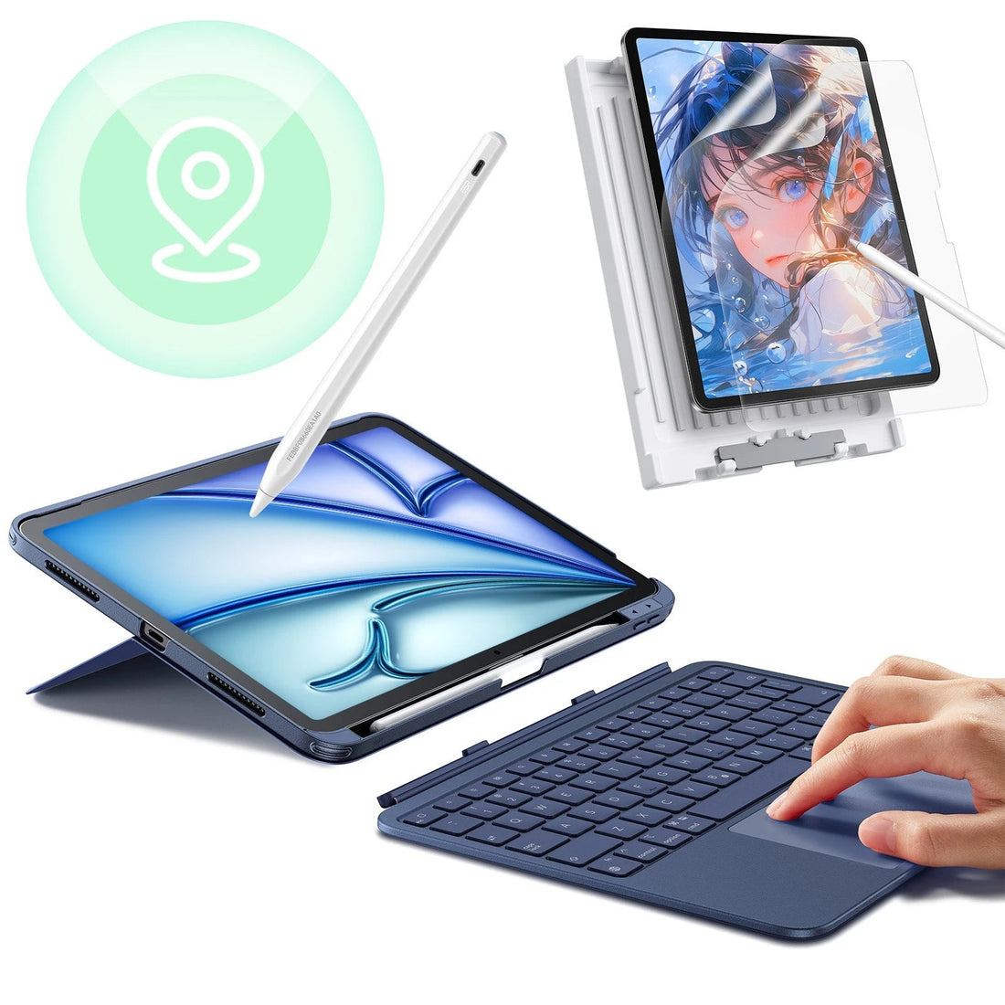 iPad 10th Gen Flex Keyboard Case (Detachable), Paper-Feel Screen Protector & Find My Pencil Bundle- US Layout-Blue ESR ESR
